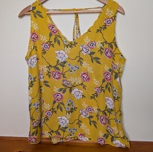 LOFT Floral Tank Top Mustard Yellow Sleeveless Blouse Tie Back Womens L